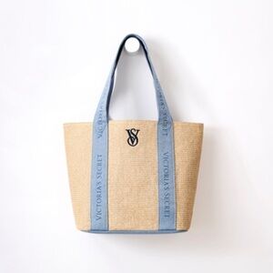 VS Tote Bag beach bag tan & blue, lined tote, straw look